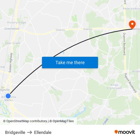 Bridgeville to Ellendale map