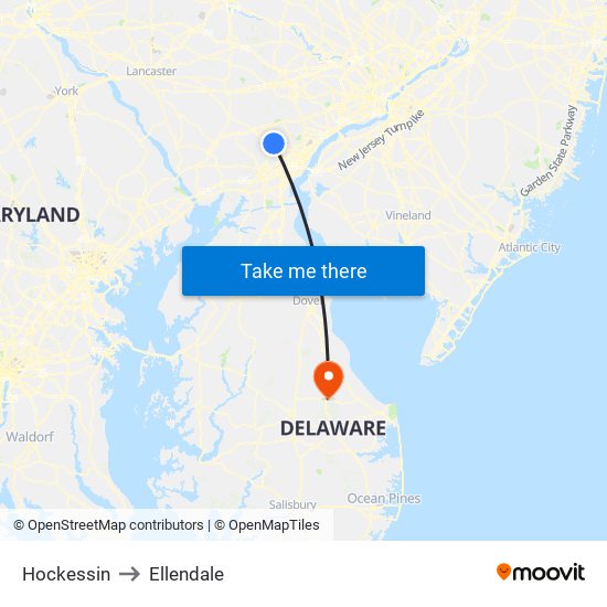 Hockessin to Ellendale map