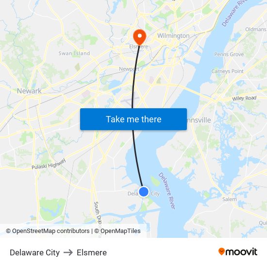 Delaware City to Elsmere map