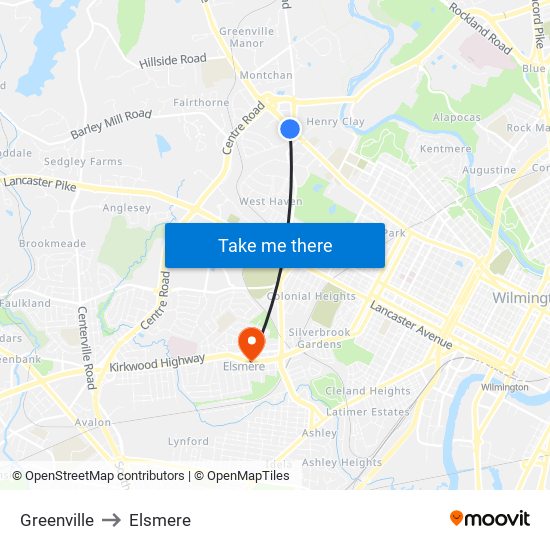 Greenville to Elsmere map