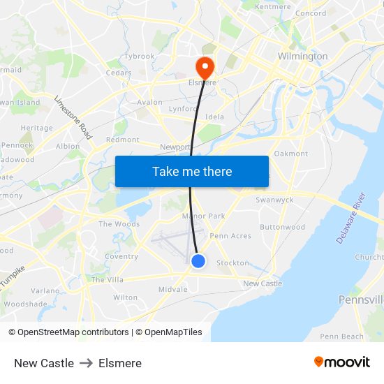 New Castle to Elsmere map