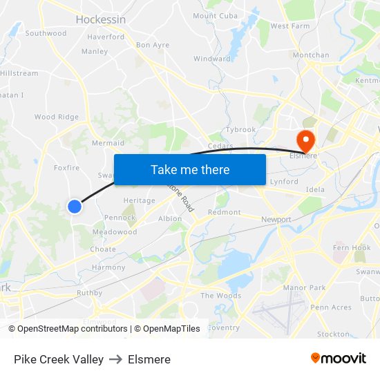 Pike Creek Valley to Elsmere map