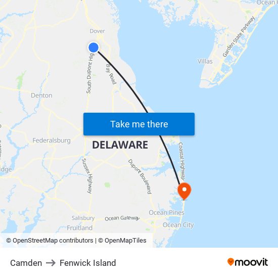 Camden to Fenwick Island map