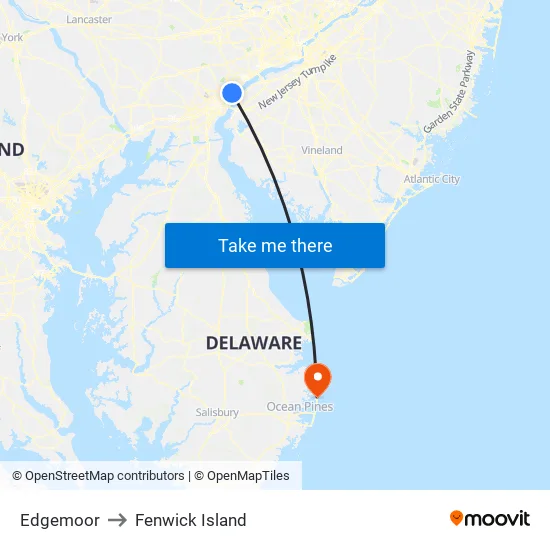 Edgemoor to Fenwick Island map