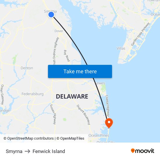 Smyrna to Fenwick Island map