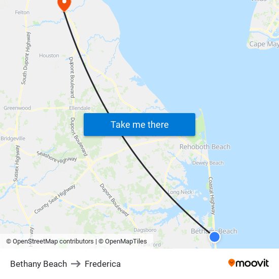 Bethany Beach to Frederica map