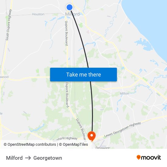 Milford to Georgetown map