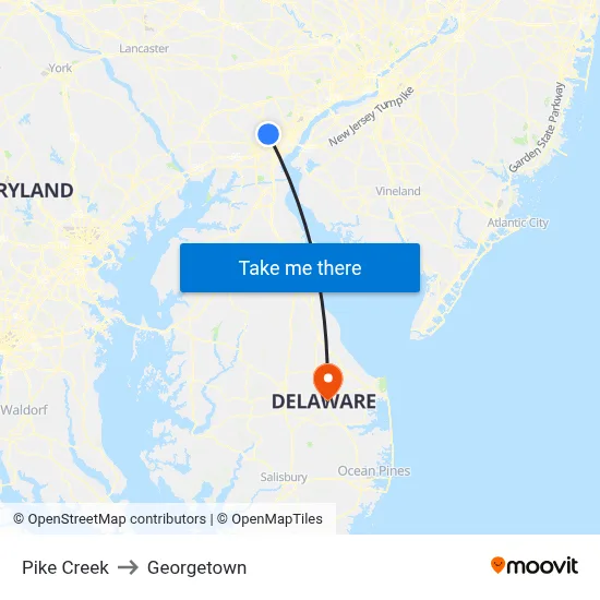 Pike Creek to Georgetown map