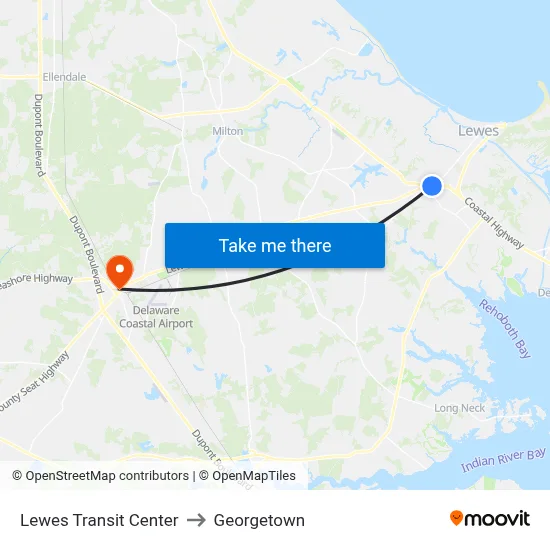 Lewes Transit Center to Georgetown map