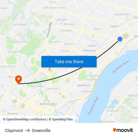Claymont to Greenville map