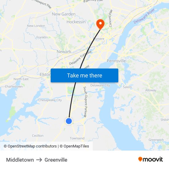 Middletown to Greenville map