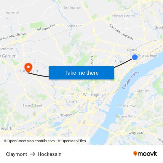 Claymont to Hockessin map