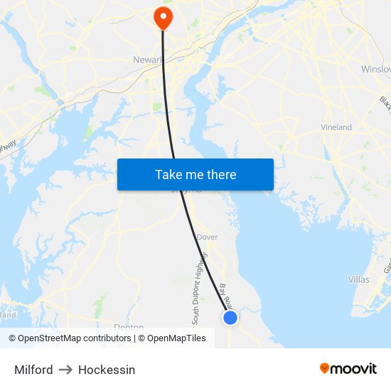 Milford to Hockessin map