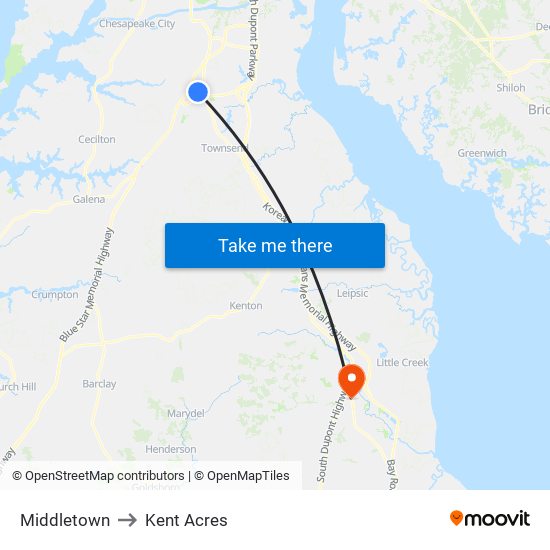 Middletown to Kent Acres map