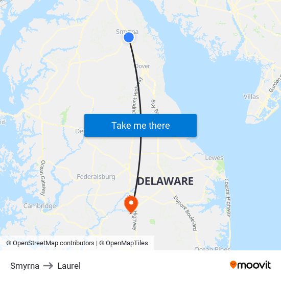 Smyrna to Laurel map
