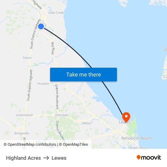 Highland Acres to Lewes map