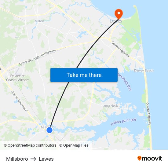 Millsboro to Lewes map