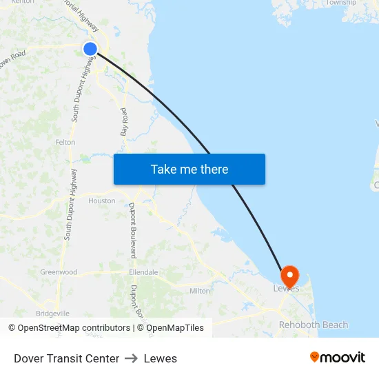 Dover Transit Center to Lewes map