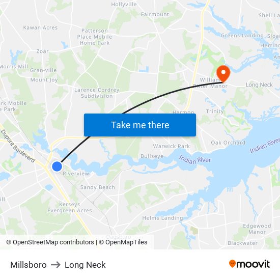 Millsboro to Long Neck map