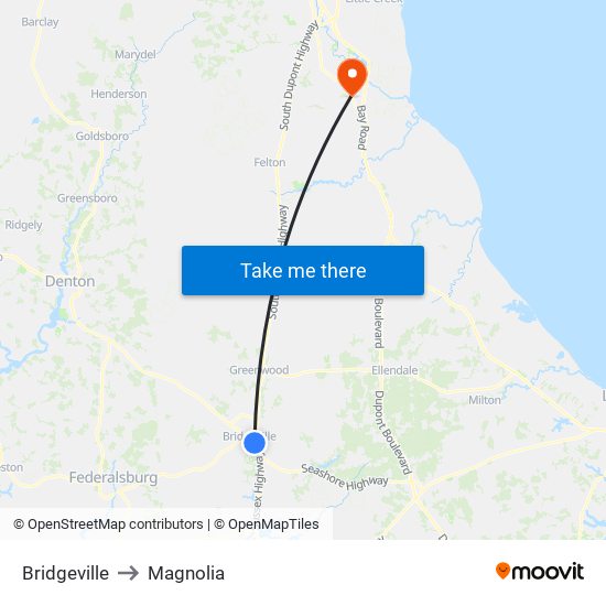 Bridgeville to Magnolia map