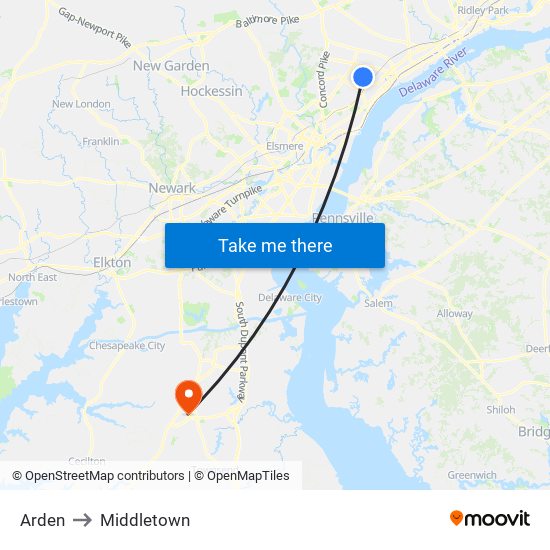 Arden to Middletown map