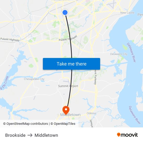 Brookside to Middletown map