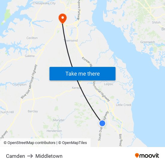 Camden to Middletown map