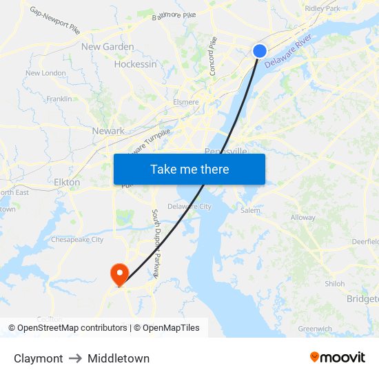 Claymont to Middletown map