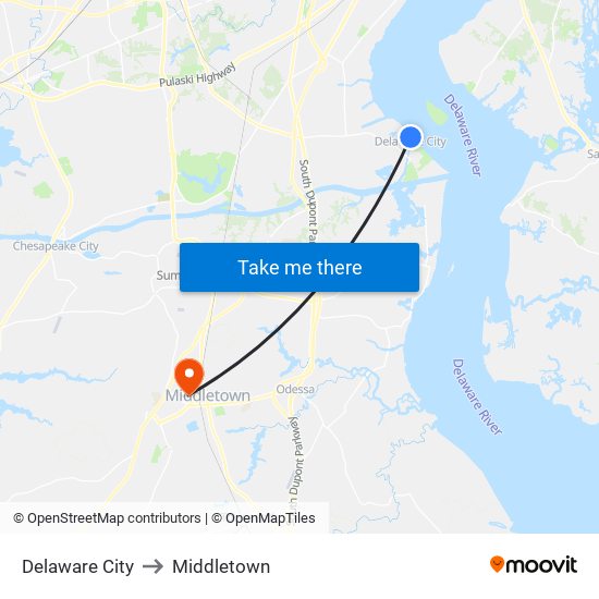 Delaware City to Middletown map