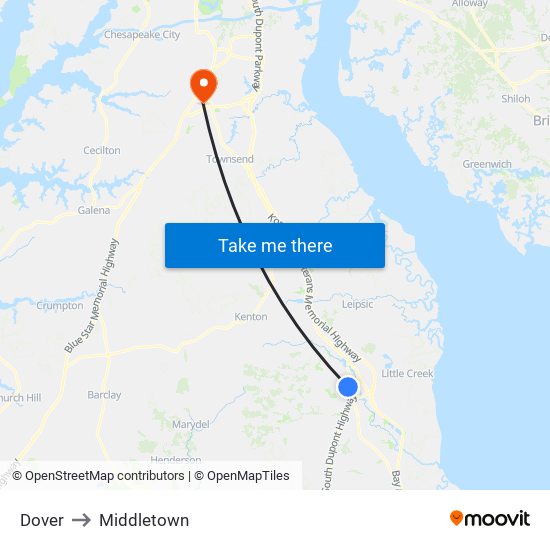 Dover to Middletown map