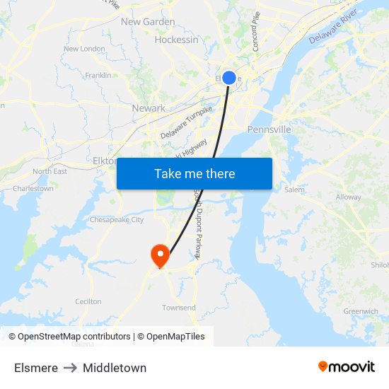 Elsmere to Middletown map