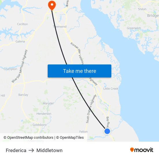 Frederica to Middletown map