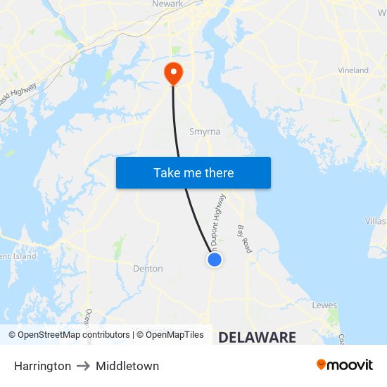 Harrington to Middletown map
