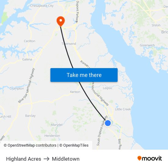 Highland Acres to Middletown map