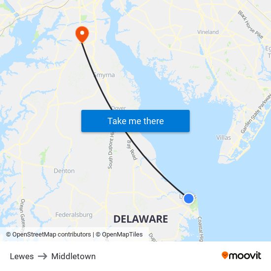 Lewes to Middletown map