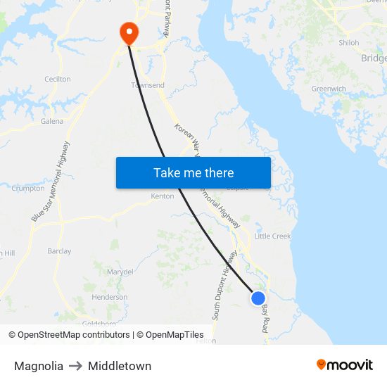 Magnolia to Middletown map