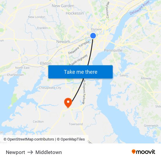 Newport to Middletown map