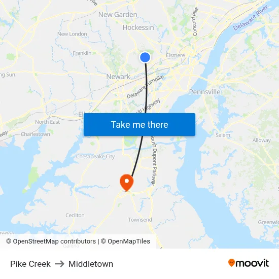 Pike Creek to Middletown map