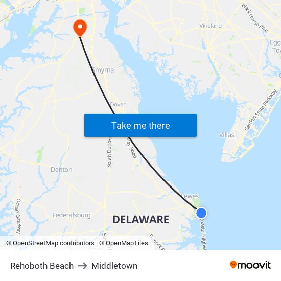 Rehoboth Beach to Middletown map