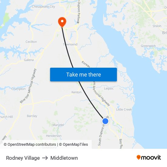 Rodney Village to Middletown map