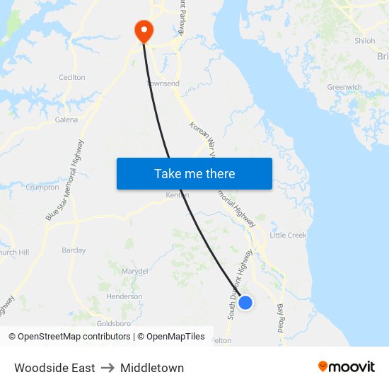 Woodside East to Middletown map