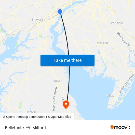 Bellefonte to Milford map