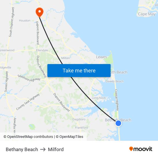 Bethany Beach to Milford map