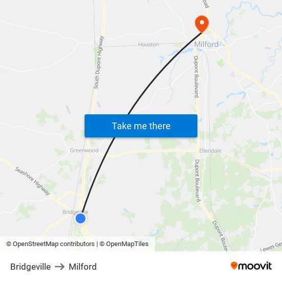 Bridgeville to Milford map