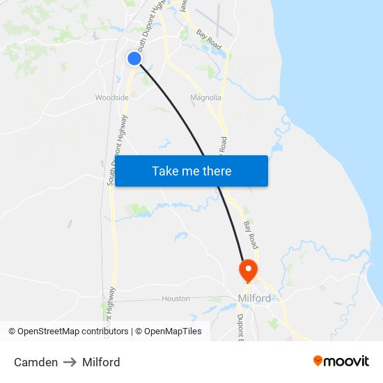 Camden to Milford map