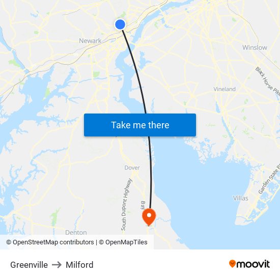 Greenville to Milford map