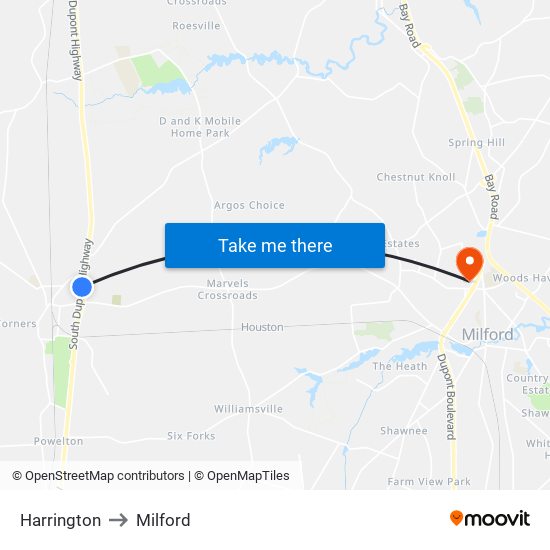 Harrington to Milford map