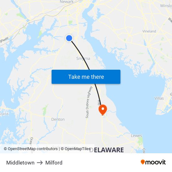 Middletown to Milford map