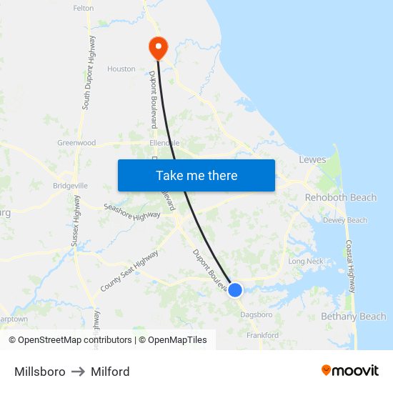 Millsboro to Milford map