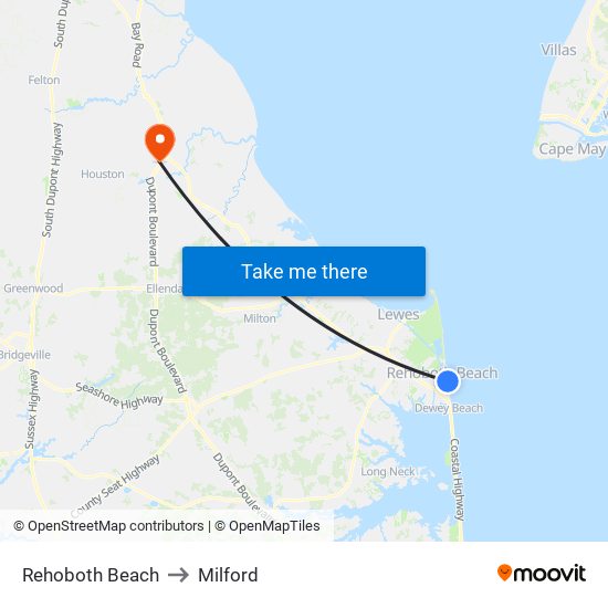 Rehoboth Beach to Milford map